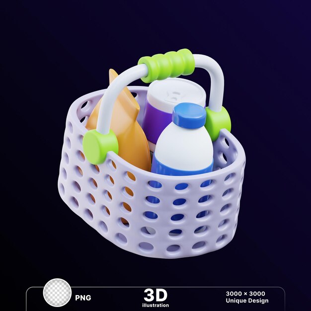 PSD 3d illustration of a plastic basket with a home detergent cleaning bottles in transparent background