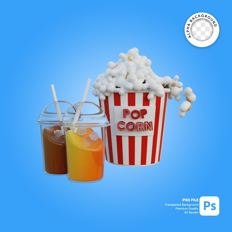 PSD ポップコーンロマンチックなカップルのスナックパッケージの3dイラスト
