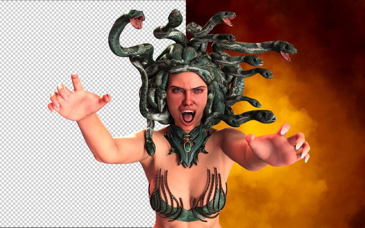 PSD 3d illustration pose of the grecian mythological figure medusa on dark red background