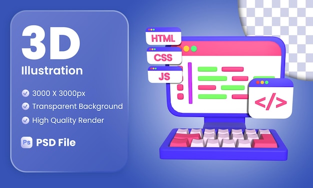 PSD illustrazione 3d dell'area di lavoro del pc del programmatore