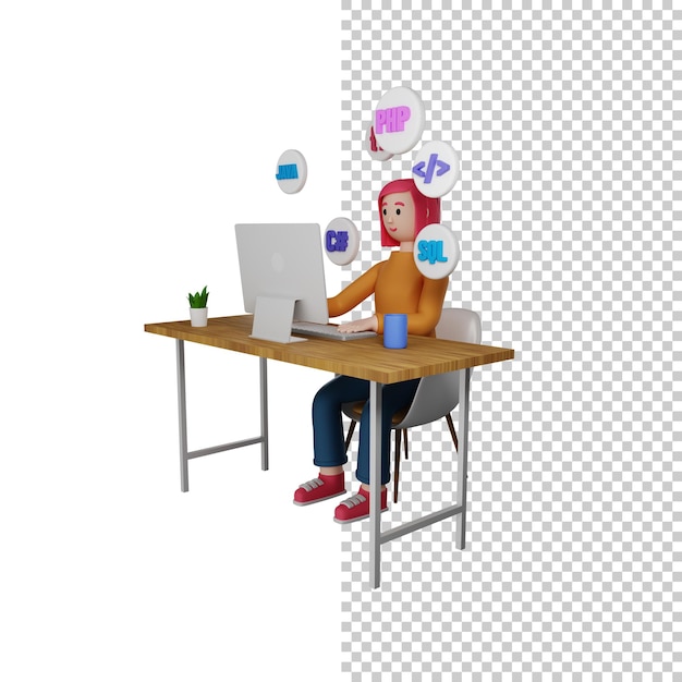 3D Illustration of a Programmer Working at a Computer with Transparent Background