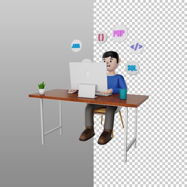 3D Illustration of a Programmer Working at a Computer with Transparent Background