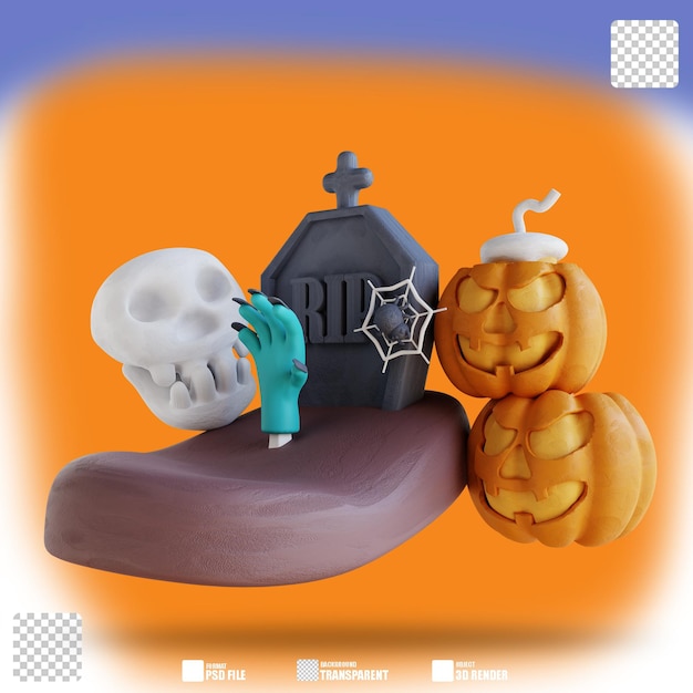 Illustrazione 3d zucca e teschio zombie tomba a mano 2