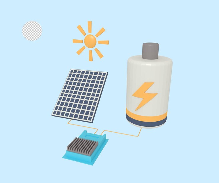 PSD 3d illustration of recharge the battery with a solar panel