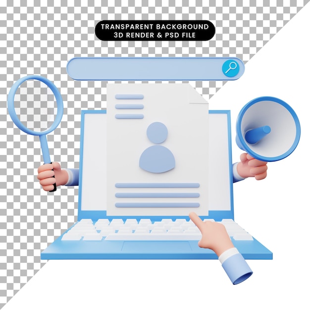 PSD illustrazione 3d di reclutamento online con laptop