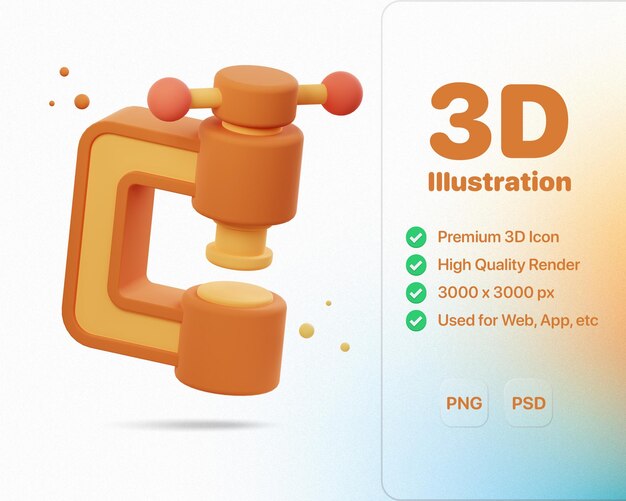 PSD 클램프 도구 아이콘 디자인의 3d 그림 렌더링 목공 건설 diy에 적합