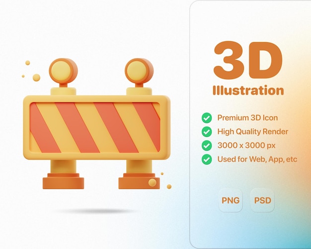 PSD 道路封鎖アイコン デザインの 3 d イラストレーション レンダリング交通工事の障害物に最適