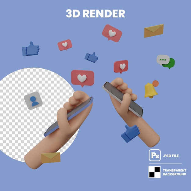 PSD 3d визуализация иллюстрации мультфильм рука держит мобильный телефон для общения в социальных сетях