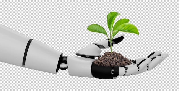 PSD 3d illustration of a robotic or machine hand with a growing sprout digital farming concept