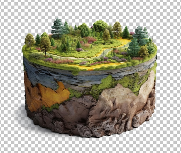 PSD 3d illustration round soil ground cross section with earth land and green grass trees 3d forest