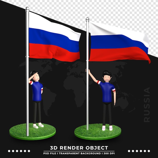 PSD illustrazione 3d della bandiera della russia con il personaggio dei cartoni animati della gente sveglia. rendering 3d.