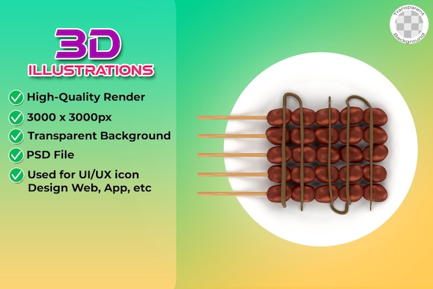 PSD 3d illustration of satay on a plate of indonesian food