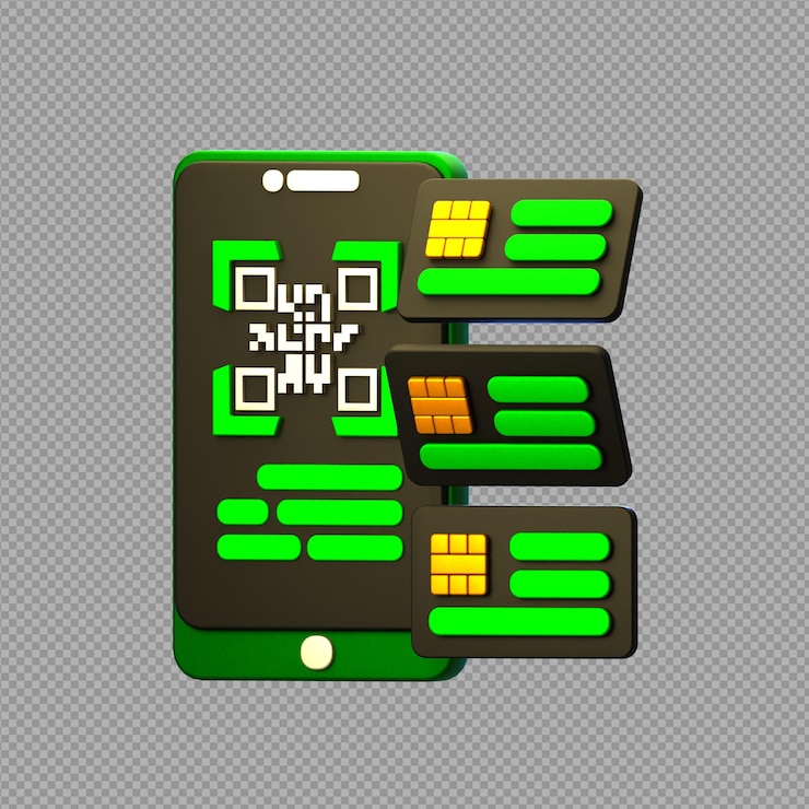 PSD 3d illustration of a scanner with sim card icon or credit card showing payment method