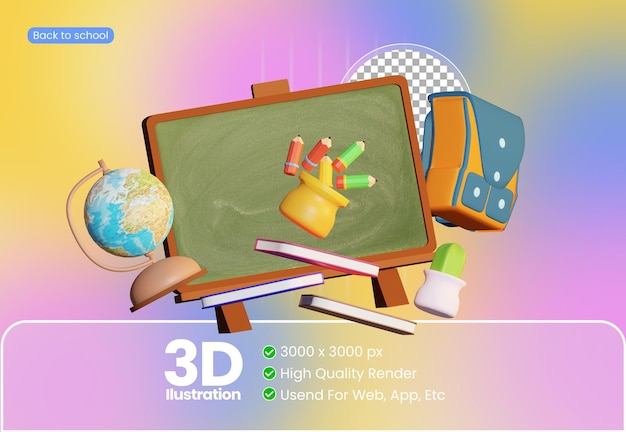 PSD illustrazione 3d di materiale scolastico con tema ritorno a scuola