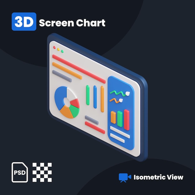 PSD 3d illustration of screen financial chart with a isometric view