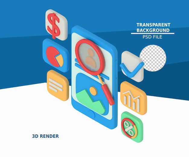 PSD 3d illustration of searching website and analyzing content in phone