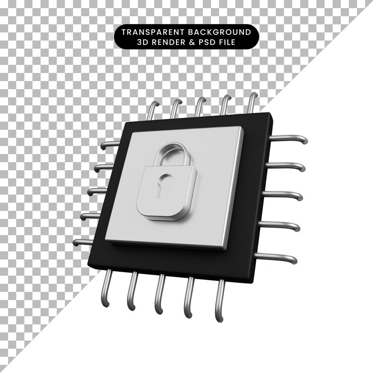 PSD 3d illustration of security concept processor with padlock