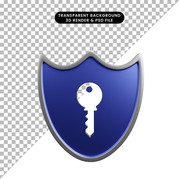 Illustrazione 3d dello scudo del concetto di sicurezza con chiave