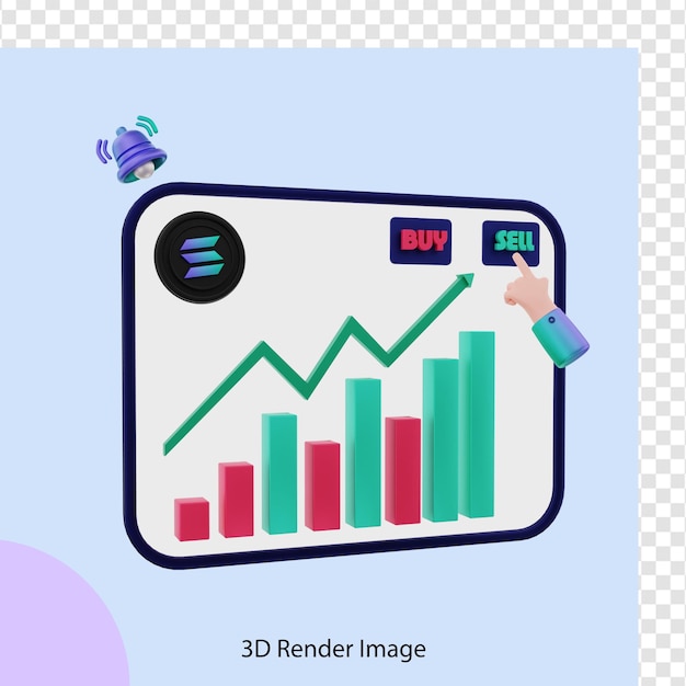 PSD 3d illustration selling crypto coins solana on rising