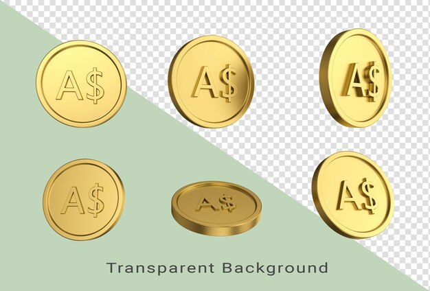 3d illustration Set of gold australian dollar coin in different angels