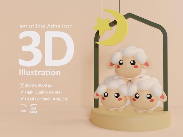 PSD set di illustrazioni 3d di idul adha icon 3 pecore