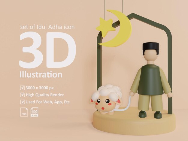 Set di illustrazioni 3d di idul adha icon uomo musulmano e pecore