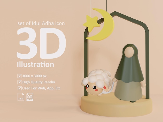 3d Illustration set of Idul Adha Icon woman and sheep