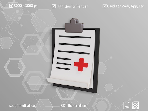 PSD 3d illustration set of medical icon map and paper