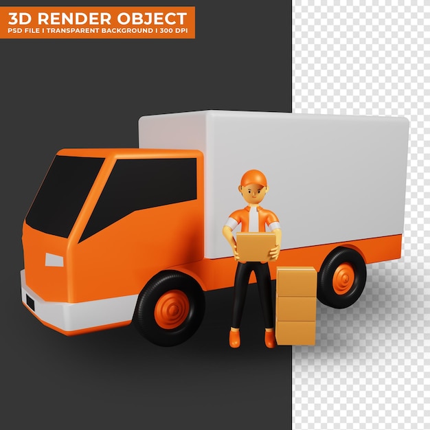 PSD 3d illustration of shipping service courier ready to deliver parcels by truck car