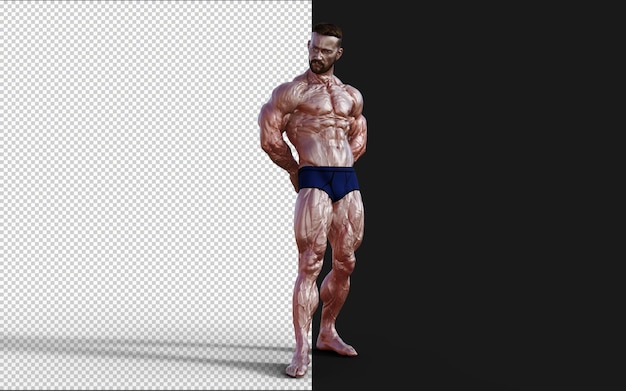 PSD illustrazione 3d ragazzo senza camicia in mutandine blu che mostra il suo corpo muscoloso uomo bodybuilder