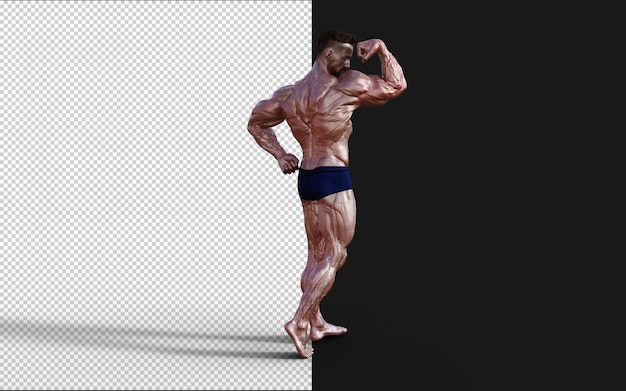 PSD illustrazione 3d ragazzo senza camicia in mutandine blu che mostra il suo corpo muscoloso uomo bodybuilder