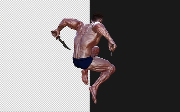 PSD 3d illustration of shirtless guy in blue panties showing his muscular body and hold twin dagger