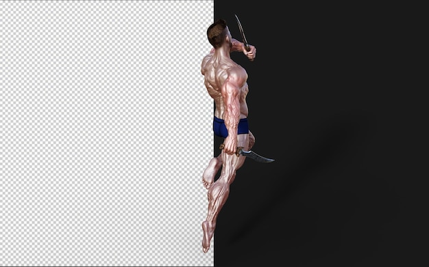 PSD illustrazione di un tizio senza camicia in mutande blu che mostra il suo corpo muscoloso e tiene un pugnale gemello