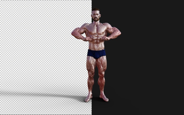 PSD 3 d イラストレーション彼の筋肉の体を示す青いパンティーの上半身裸の男ボディービルダーの男