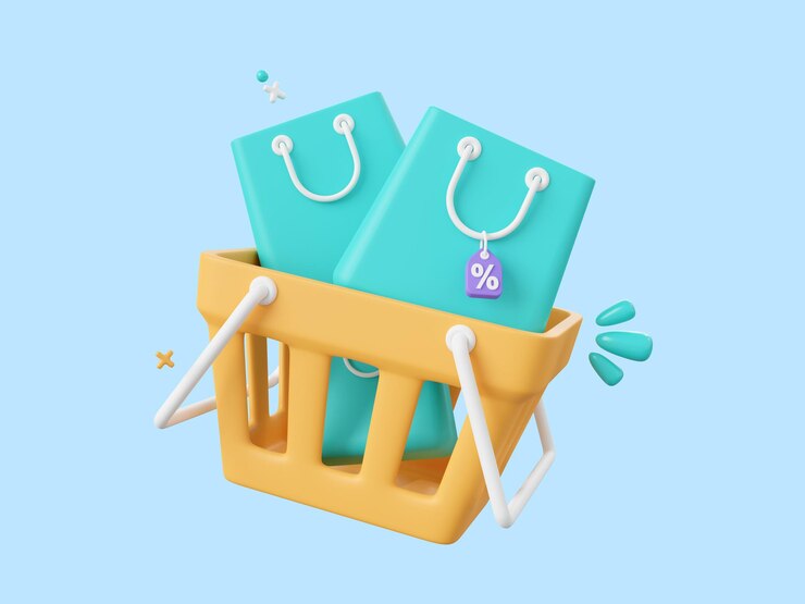 PSD 3d illustration of shopping cart and shopping bags with discount tag shopping online concept