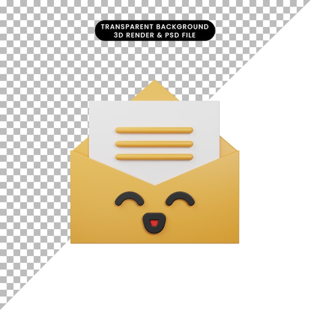 Illustrazione 3d di una semplice icona emoji e-mail felice con stile di rendering 3d della busta