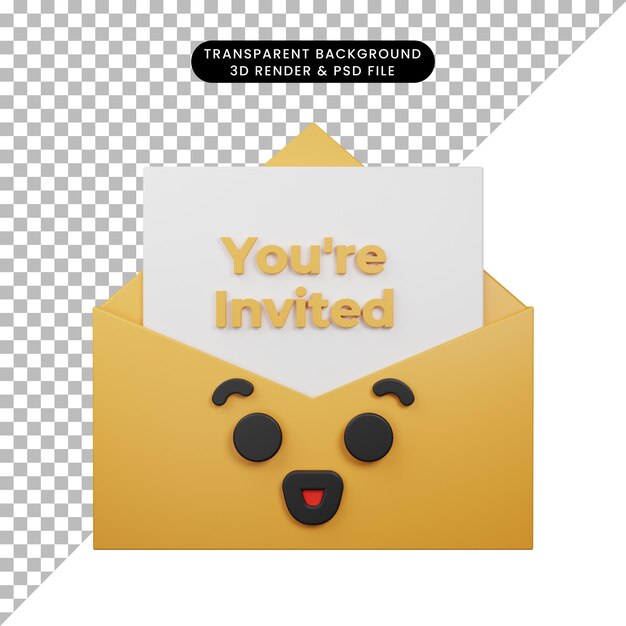 Illustrazione 3d di una semplice icona emoji e-mail felice con stile di rendering 3d della busta