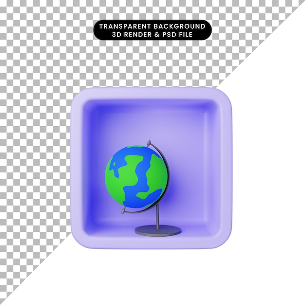 3d illustration of simple icon globe world on cube