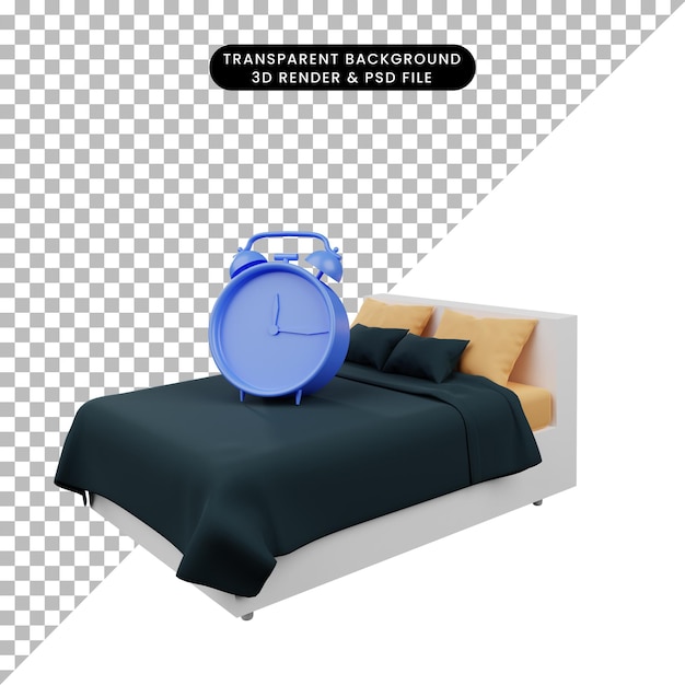 PSD illustrazione 3d della sveglia dell'oggetto semplice sul letto