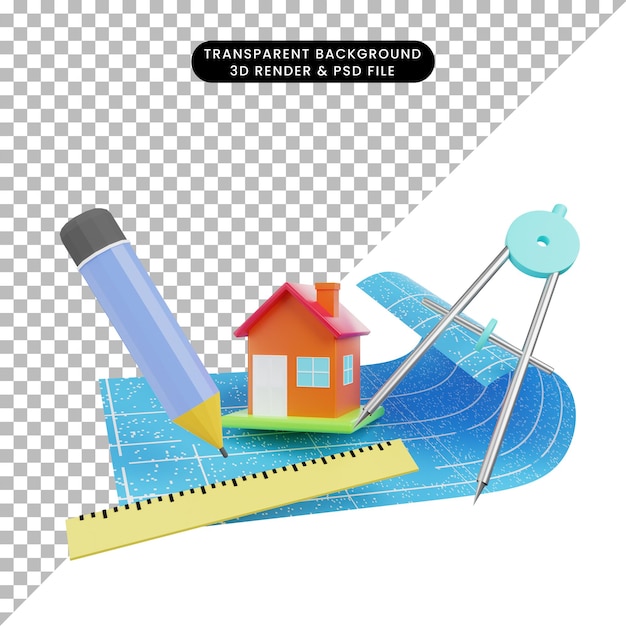 PSD 3d illustration of simple object house with blueprint ruler pencil orleon term