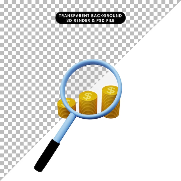 PSD 3d illustration of simple object magnifying shot to stack of golden coin