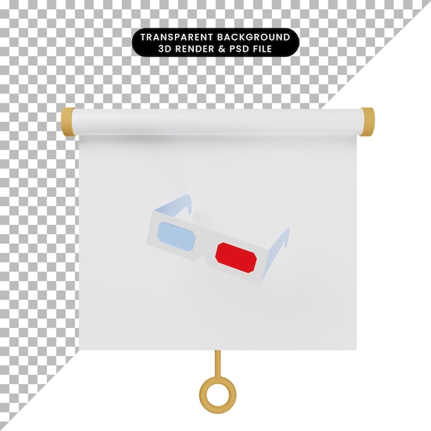 3d illustration of simple object presentation board front view with 3d film movie glasses