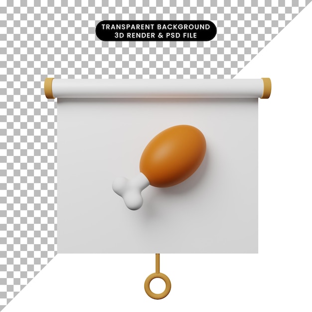 Illustrazione 3d della vista frontale del pannello di presentazione degli oggetti semplice con carne di pollo