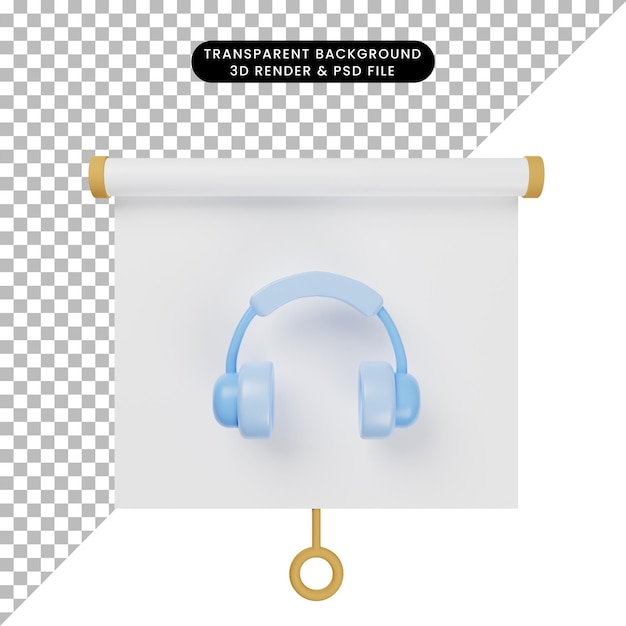 Illustrazione 3d della vista frontale della scheda di presentazione degli oggetti semplice con auricolare