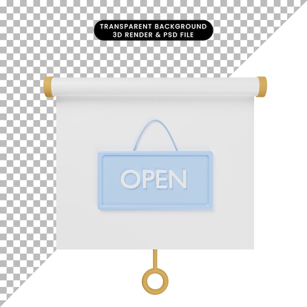 PSD 3d illustration of simple object presentation board front view with open sign