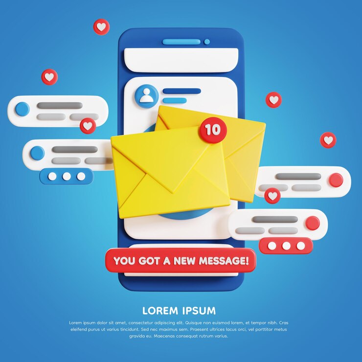 PSD 3d illustration of smartphone with new message notification and envelope icon on screen