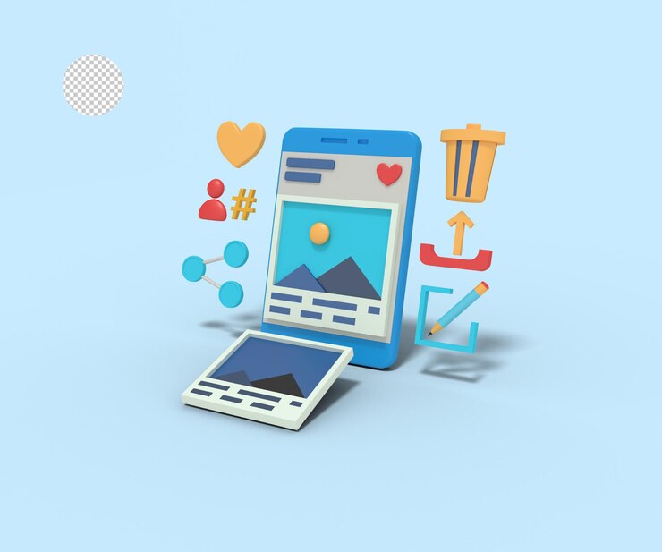 PSD 소셜 미디어 앱의 3d 일러스트