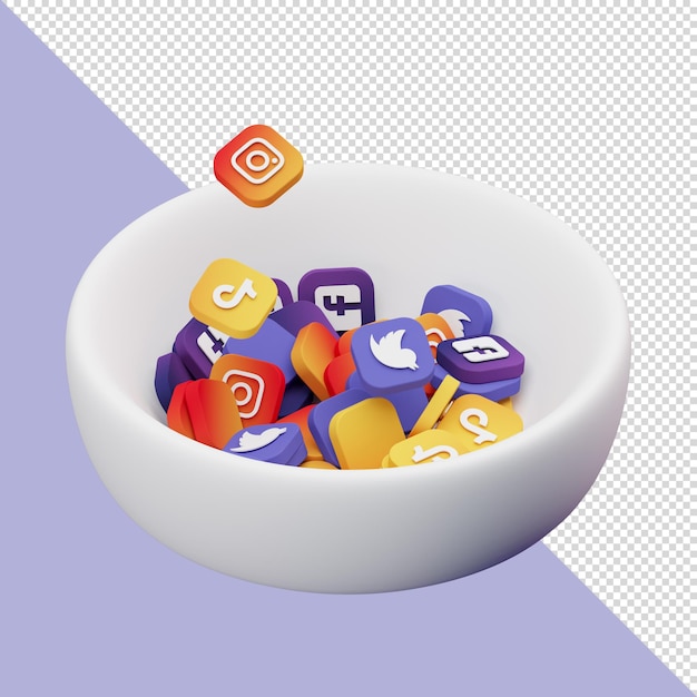 3d illustration of social media icons in a bowl for landing page or social media