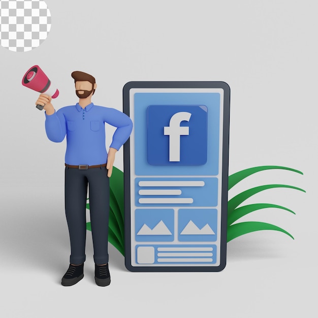 PSD illustrazione 3d di social media marketing con annunci di facebook