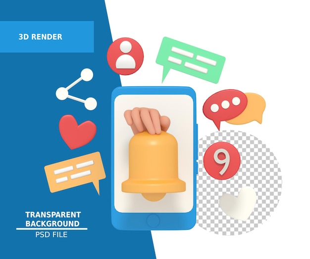 3d illustration of social media notification bell in phone